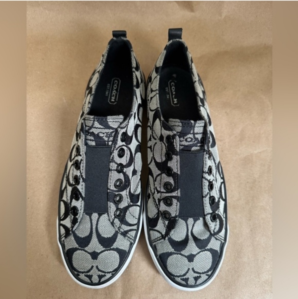 Coach Signature Print Black & Grey Fabric Summer No Lace Slip On Sneakers. 9.5